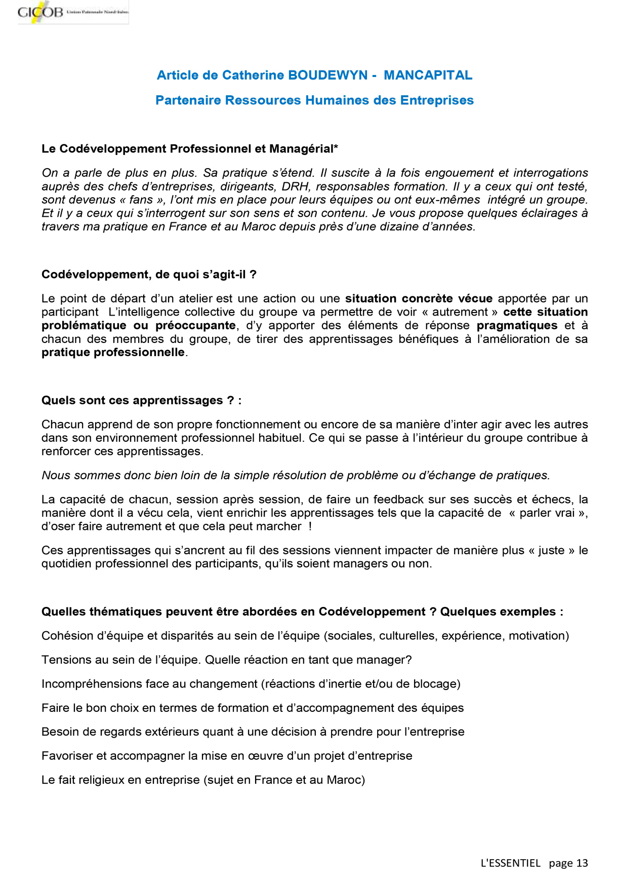 Codéveloppement professionnel, comment ça marche ? (septembre 2016) GICOB Union Patronale Nord-Isère